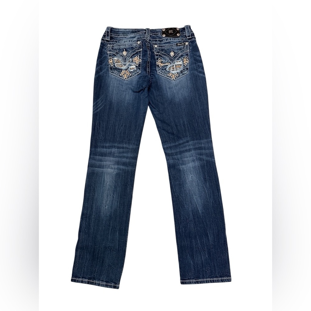 Miss Me Embroidered Cross Pockets Mid Rise Straight Leg Blue Denim Jeans Size 31